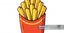 Vector illustration. French fries in a paper red pack. Fried potatoes. Image in cartoon style with contour. Unhealthy food. Isolated on white background