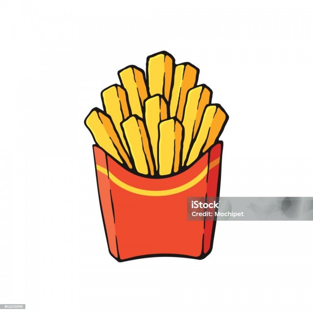 Vector illustration. French fries in a paper red pack. Fried potatoes. Image in cartoon style with contour. Unhealthy food. Isolated on white background